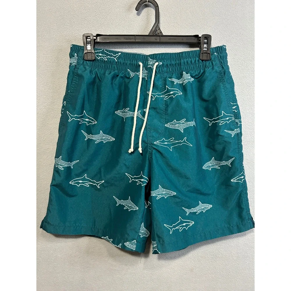 Old Navy Shark Print Swim‎ Trunks Mens Medium Teal Blue Board Shorts